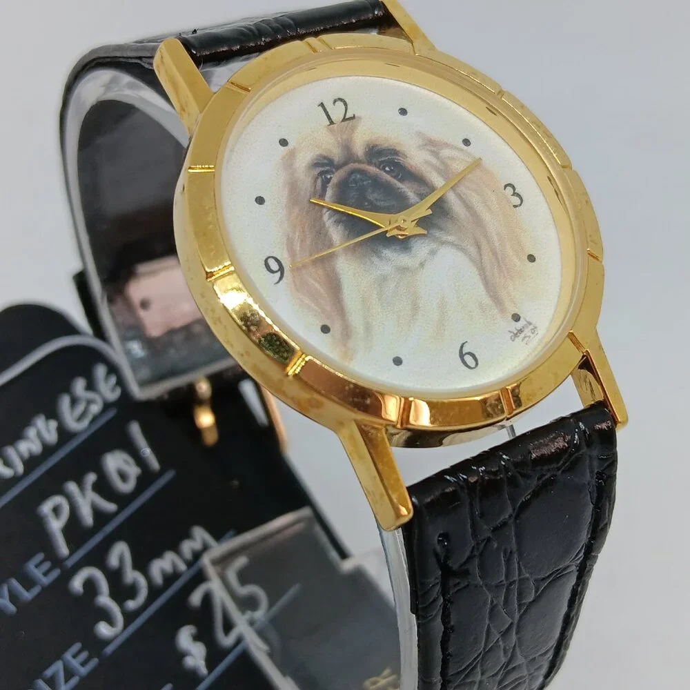 Pekingese 33mm Women's Gold Tone Black Leather Band Dog Watch